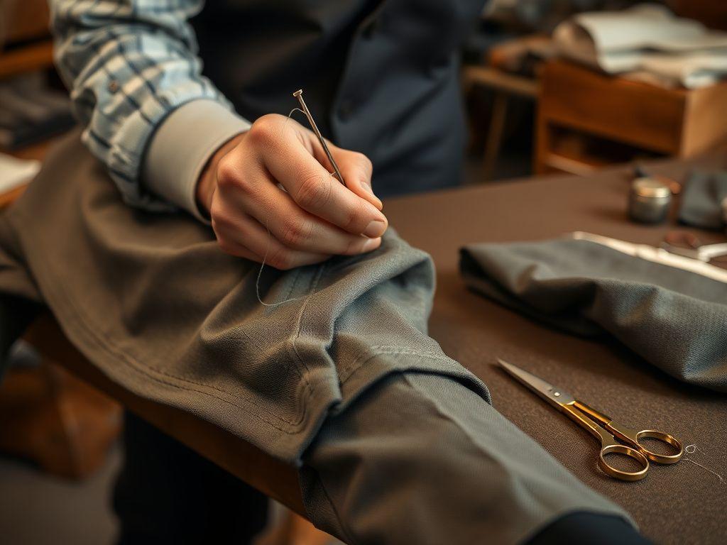 Tailor hand-hemming a trouser leg