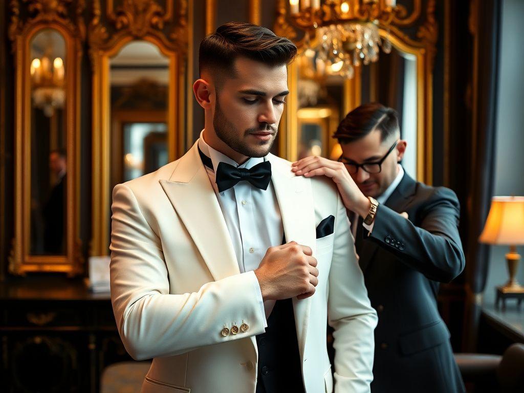 Groom fitted for an ivory dinner jacket